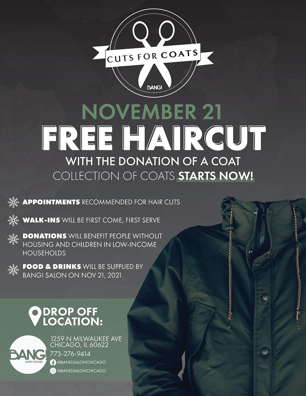 Donate a coat for our annual coat drive and receive a FREE haircut